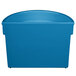 A sky blue Tablecraft cast aluminum half soup bowl with a curved top.