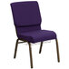 A Royal Purple Flash Furniture church chair with a gold metal frame and wire rack.