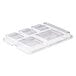 A clear plastic container lid for a Cambro serving tray with compartments.