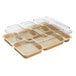 A clear plastic tray with clear lids over compartments.