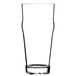 A clear Thunder Group plastic English pub glass with a curved edge.