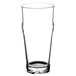 A close-up of a clear plastic Thunder Group English Pub glass with a curved rim.