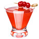 A Thunder Group plastic cocktail glass with red liquid and cherries on top.