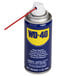 A blue WD-40 aerosol spray can with a red and white cap and yellow label.