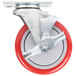 A red and metal swivel plate caster for Winholt Holding/Proofing Cabinets.