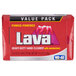 A red package of Lava hand soap bars with moisturizers.