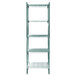 A green Metro 5A467K3 wire shelving unit with four shelves.