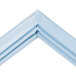 A close-up of a blue corner molding on a white background.