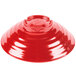 A red bowl with a red plastic lid.
