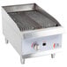 A Cooking Performance Group gas countertop charbroiler with a metal surface and a control knob.