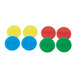 A group of colorful round plastic buttons with white, blue, yellow, and red circles and text on them.