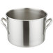 A silver Vollrath stainless steel stock pot with two handles.