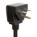 A black power cord with a black electrical plug and silver prongs.