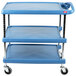 A blue Metro myCart utility cart with three shelves and wheels.