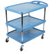 A blue plastic Metro utility cart with three shelves.
