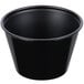A Solo black polystyrene portion cup with a white background.