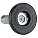 A black and silver screw with a round black rubber disc, and a nut on it.