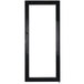 A black rectangular door with a white background.