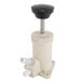 A white plastic wall mount hand pump with a metal tube and a black knob.