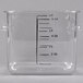 A clear square Rubbermaid food storage container with black measurements on it.