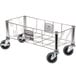 A Rubbermaid stainless steel wire dolly with black wheels.