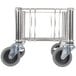 A Rubbermaid stainless steel metal dolly with black wheels.