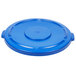 A blue plastic lid for a Rubbermaid BRUTE trash can.