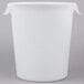 A white Rubbermaid food storage bucket with a plastic lid and handles.