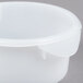 A white Rubbermaid polyethylene food storage container with a lid.