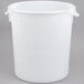 A white Rubbermaid round food storage bucket with white handles.