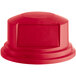 A red plastic dome lid on a red Rubbermaid Brute container.