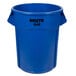 A blue Rubbermaid BRUTE trash can with black text on the side.