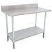 A stainless steel work table with a galvanized undershelf.