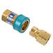 A couple of brass and blue threaded fittings on a white background.