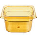 A Rubbermaid amber plastic food pan with a lid on a counter.