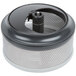 A round metal container with a black and white mesh filter inside.