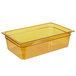 A Rubbermaid amber plastic food pan with a lid.