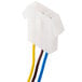 A white plastic object with a yellow and white wire connector.