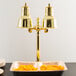 A Hanson Heat Lamps brass freestanding heat lamp with dual bulbs over a tray of food on a table.