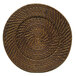 A close-up of a brown wicker Charge It by Jay rattan charger plate with a spiral design.