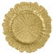 A white background with a stack of 12 gold Charge It by Jay Reef glass charger plates with a scalloped edge and textured surface.