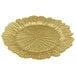 A set of 12 round gold glass charger plates with a scalloped edge.