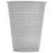 A white plastic cup with a silver stripe.