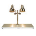 A Hanson Heat Lamps brass carving station with two lamps on a counter.