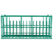 A green metal Microwire catering plate rack with 12 compartments.