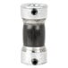 A black and silver metal Bar Maid motor shaft coupler with two holes.