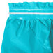 A Bermuda blue plastic table skirt in a blue plastic bag with white trim.