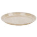 A white Cambro round tray with a crackled surface and tan abstract lines.