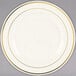 A Fineline Silver Splendor plastic plate in white with gold bands on the rim.