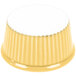 A yellow china fluted ramekin with a white background.